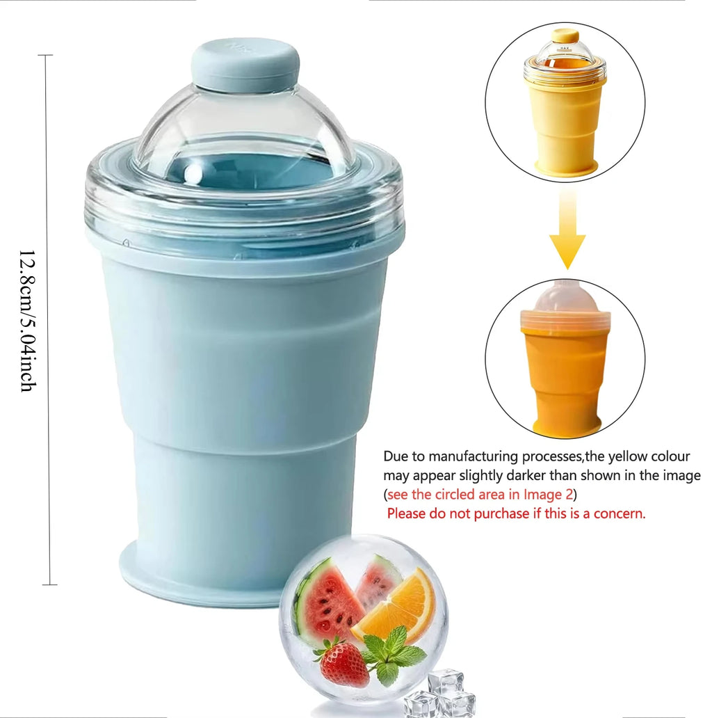 2-in-1 Collapsible Silicone Ice Ball Cup Reusable Portable Ice Sphere Mold with Straw Lid for Coffee Juice Drinks Quake