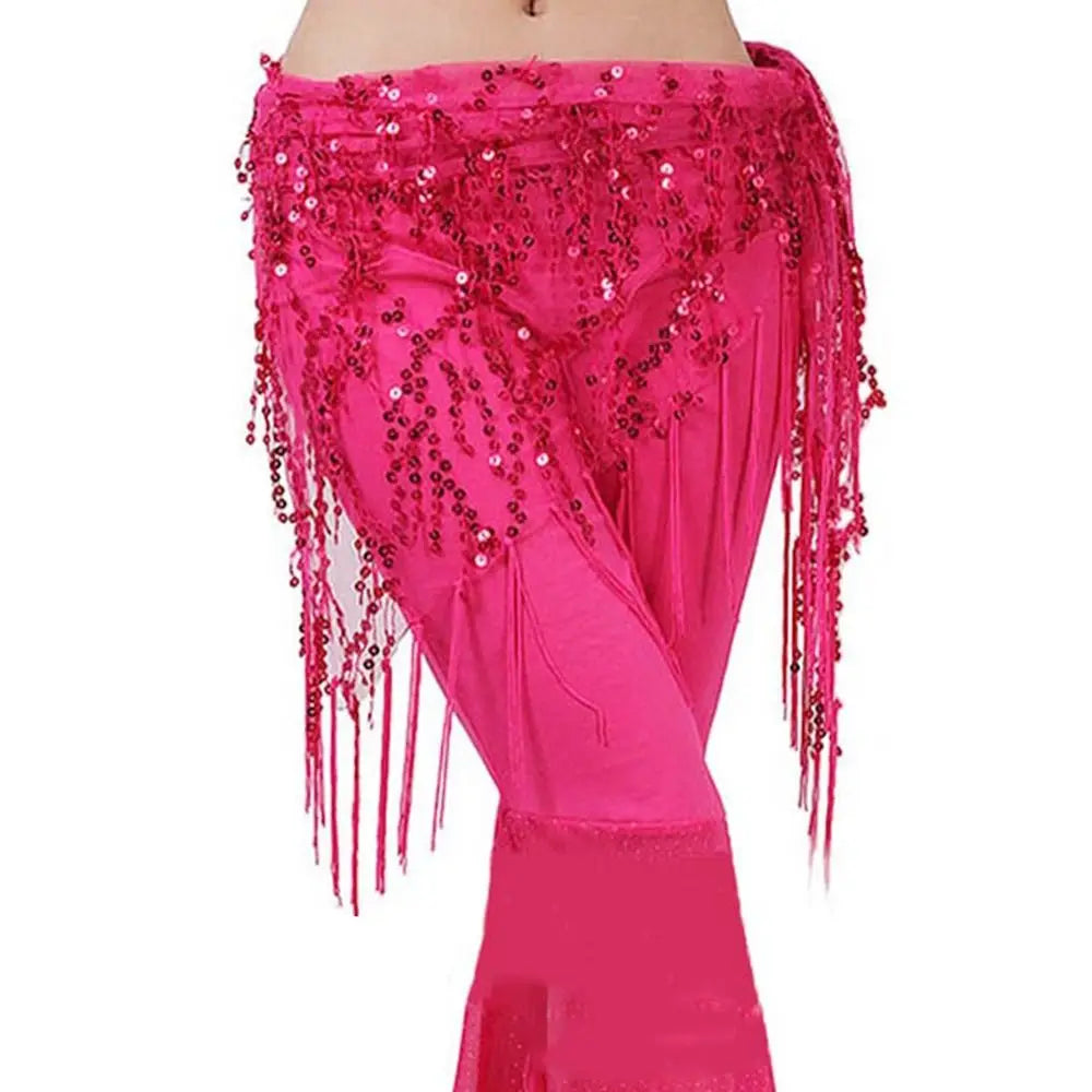 Women Show Costumes Tassels Dancer Skirt Hip Scarf Belly Dance Belt Waist Chain Quake Rose red