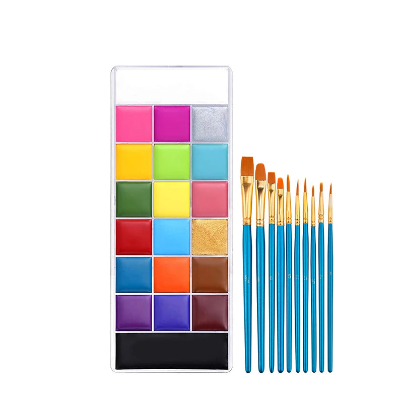 20 Colors Face Body Oil Paint Makeup Set Pigment Non Toxic Kids Flash Tattoo Painting with Brush Art Halloween Cosplay Party Quake with10pcs blue brush
