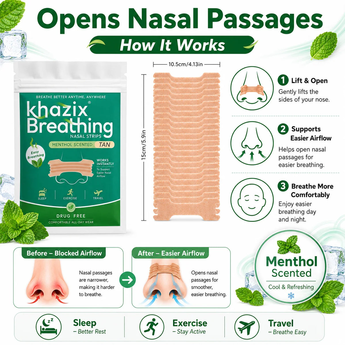 30PCS Menthol Nasal Strips for Easier Breathing, Comfortable Nose Strips for Sleep Exercise Travel Daily Use Quake 30pcs