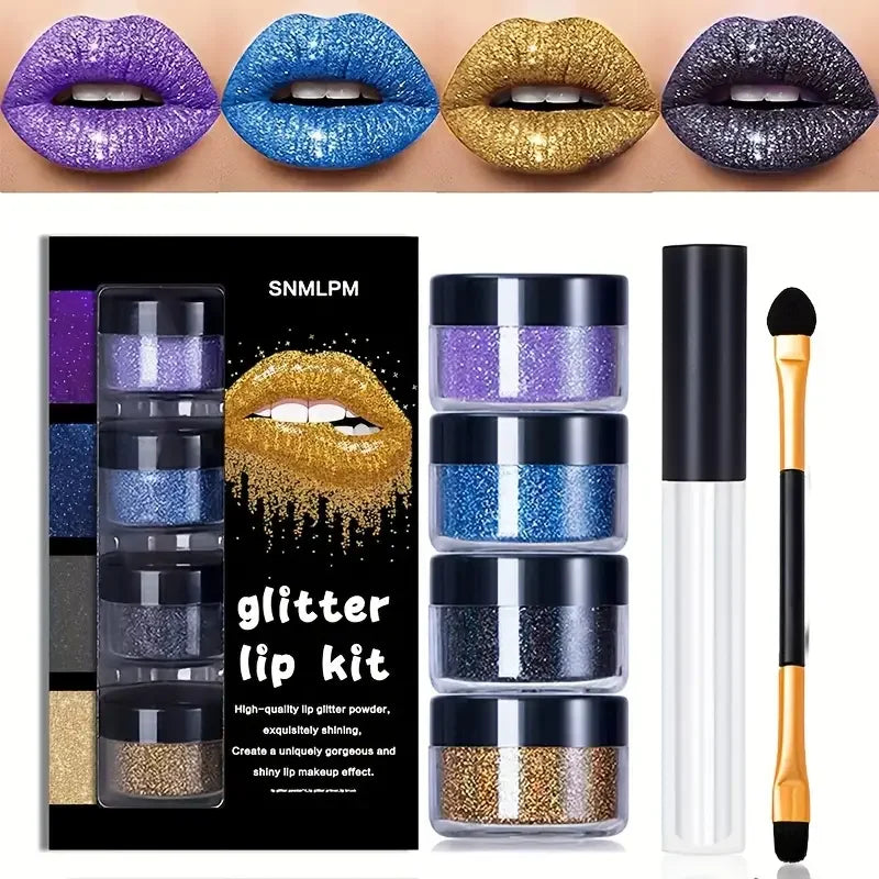 4Color Glitter Lip Kit-Long-Lasting Glitter Lipstick with Base and Brush,Multi-Use Lips,Face,Body,Eye,Hair-Adults,All Skin Types Quake 02