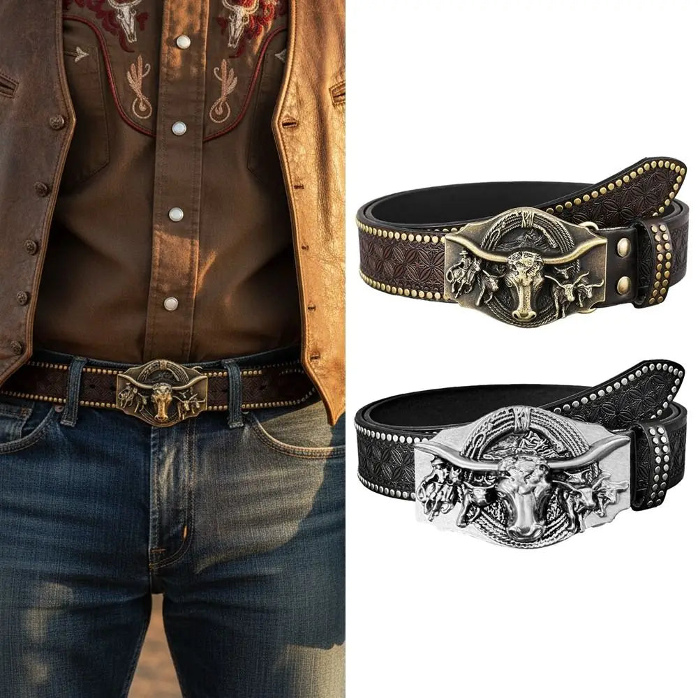 Fashion Western Cowboy Men's PU Leather Belt Luxury Design Trendy Brand Business Casual Belt Jeans Pants Belt Quake