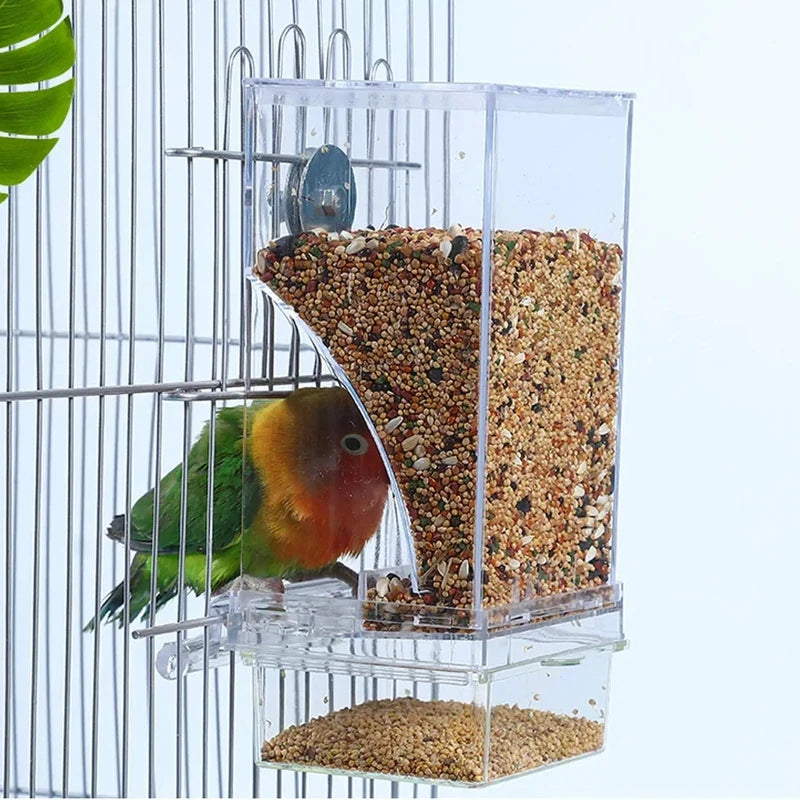 Automatic Parrot Bird Feeder Spill Proof Splash Proof Clear Acrylic Design Auto Dispense Birdseed Essential Bird Cage Accessory Quake
