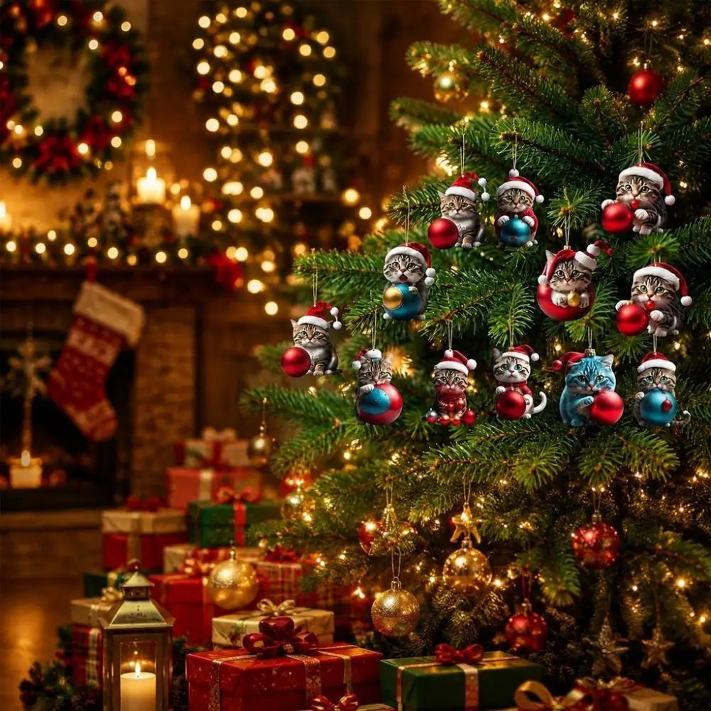 Christmas Tree Cat Ornaments 10PCS Acrylic Hanging Decorations Cute Winter Cat Santa Hat Pendants Xmas Holiday Decor Quake