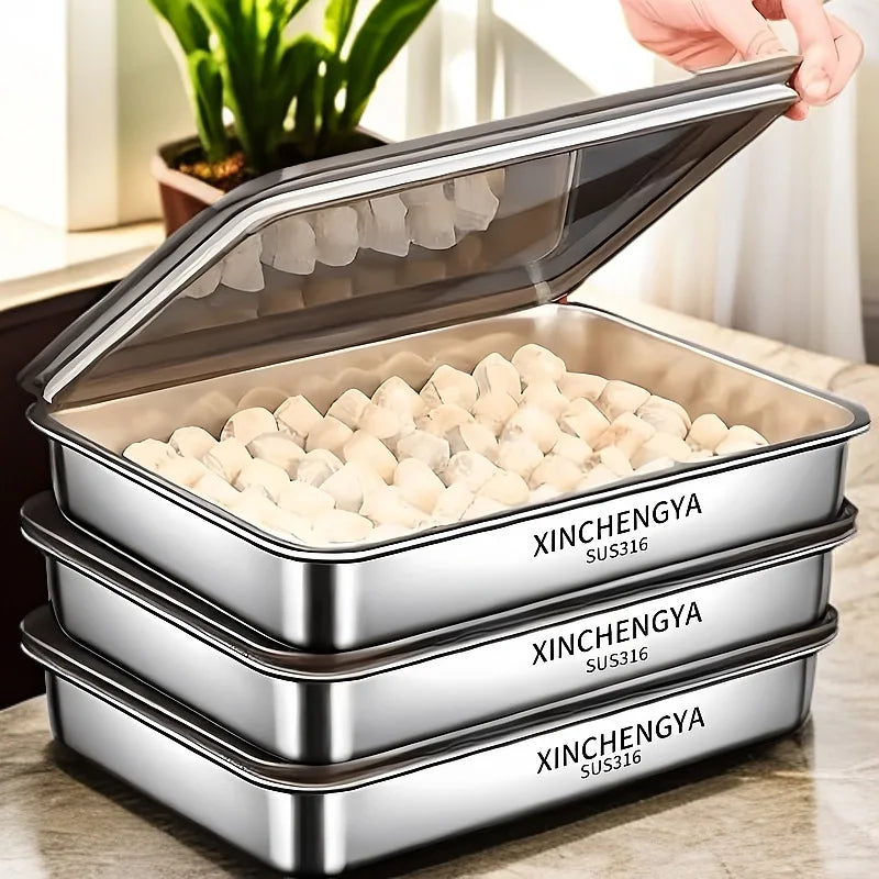 1pc/3pc Stainless Steel with Cover Dumplings Tray Fresh-keeping Dish Rectangular Picnic Barbecue Multi-functional Storage Tray Quake