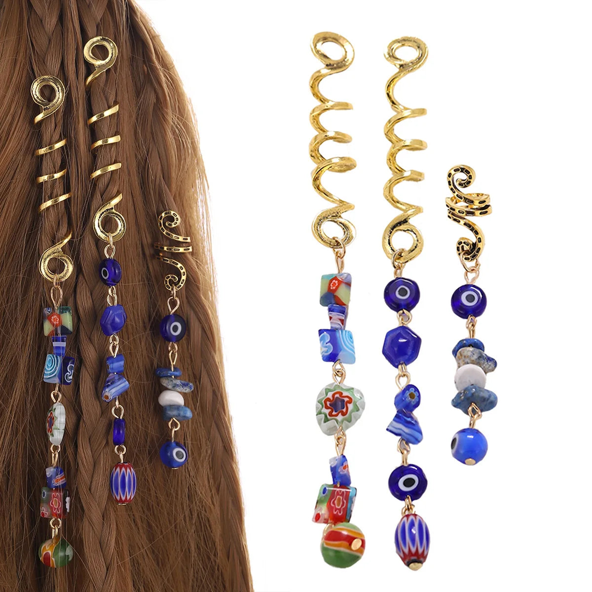 1/3pcs Blue Stone Pendant Hair Rings Dreadlock Styling Accessories Cuff Clip Hair Braid Dirty Spiral Braid Beads Hairpin Jewelry Quake