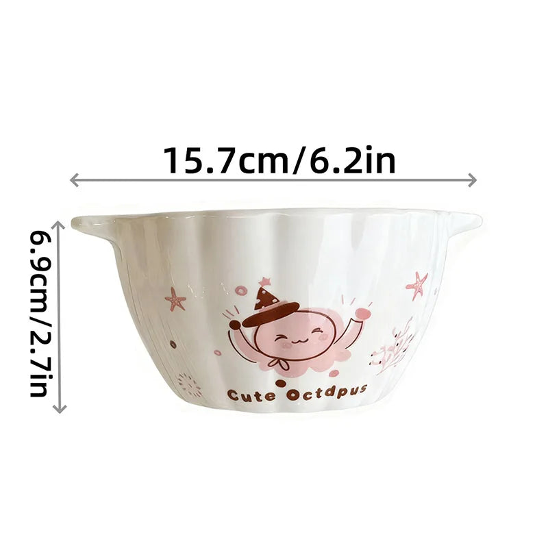 1/2 Pcs Cute Octopus Pumpkin Ceramic Double-Ear Soup Bowl Multi-Purpose Salad Fruit Cereal Bowl Oven Microwave Dishwasher Safe Quake