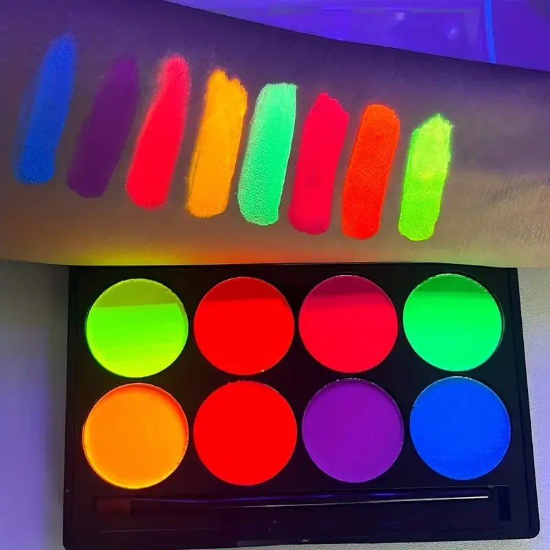 8 Color Water Face Paint Kit Fluorescent Neon Body Paint Glow Dark Fast Dry Body Skin Cosplay Makeup With Stencil And Brush Quake