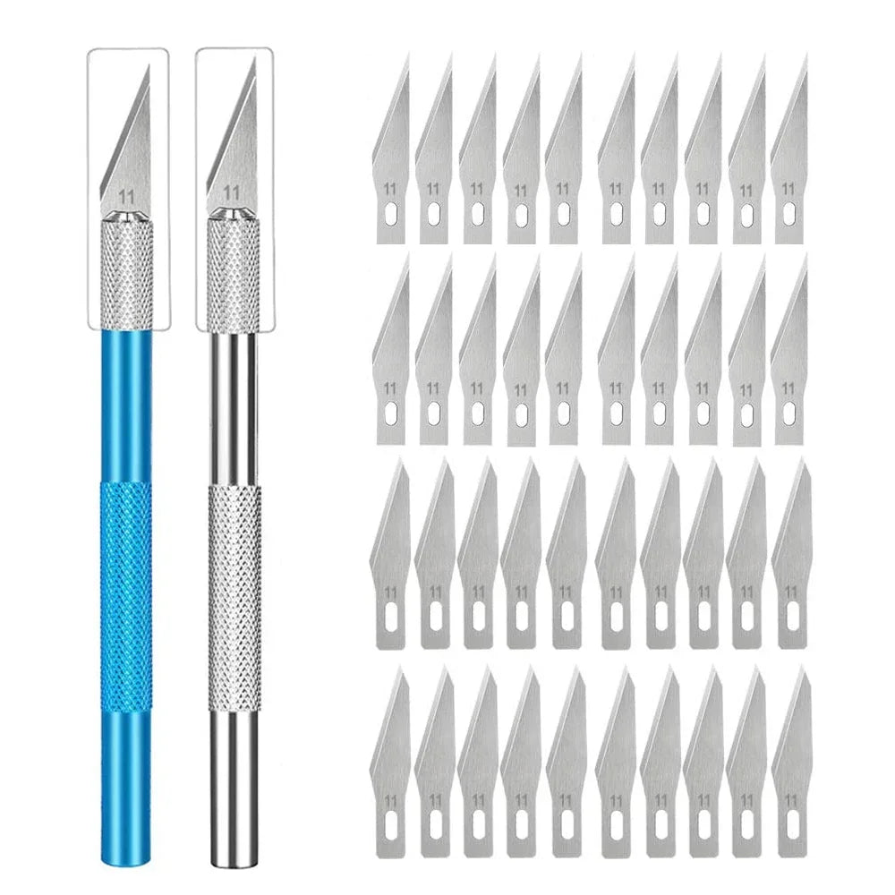 Repair Hand Tools Non-Slip Engraving Metal Knife Kit + 40/10pcs #11 Blades Cutter Craft Knives for Mobile Phone PCB Quake Blue Silver