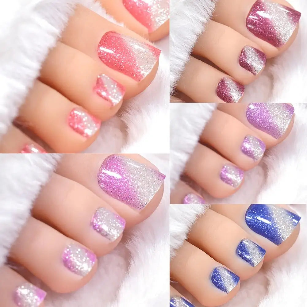 Gradient Glitter Toe Nail Stickers Full Nail Wraps Toenail Polish Strips for Women Shiny Self Adhesive Polish Toenail Stickers Quake