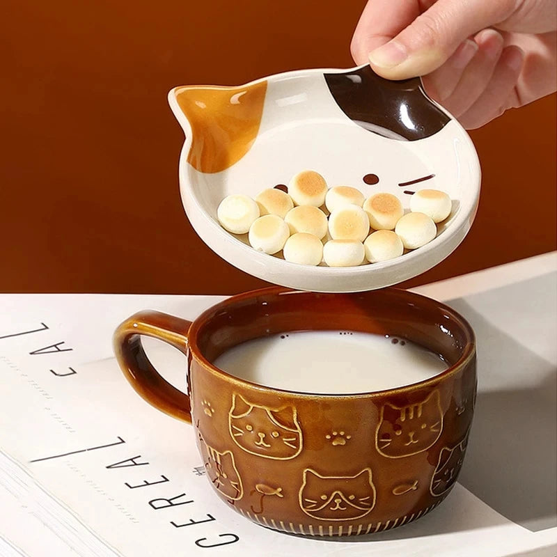 YWDL Japanese Cartoon Cat Coffee Mug With Animal Cat Pattern Lid Small Dish Cute Breakfast Cup Creative Coffee Cup Milk Cup Gift Quake