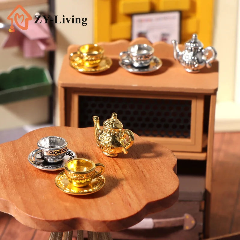 1Set 1:12 Dollhouse Miniature Metal Teapot Cup With Saucer Mini Tea Set Kitchen Tableware Decor Toy Model Doll House Accessories Quake