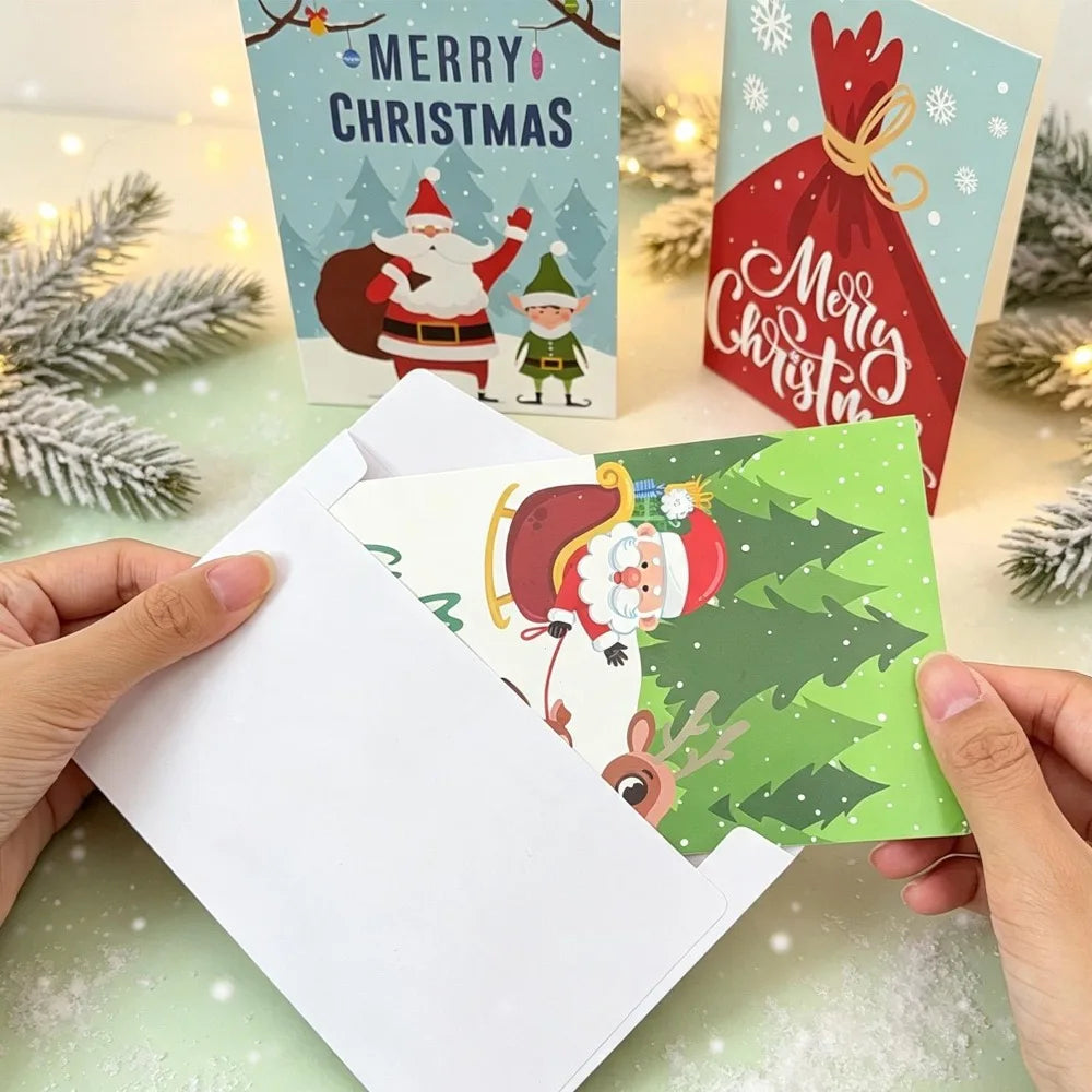 12pcs/set Merry Christmas Fold Greeting Cards with Envelopes Xmas Party DIY Gift Card New Year Decorations Gift Message Cards Quake