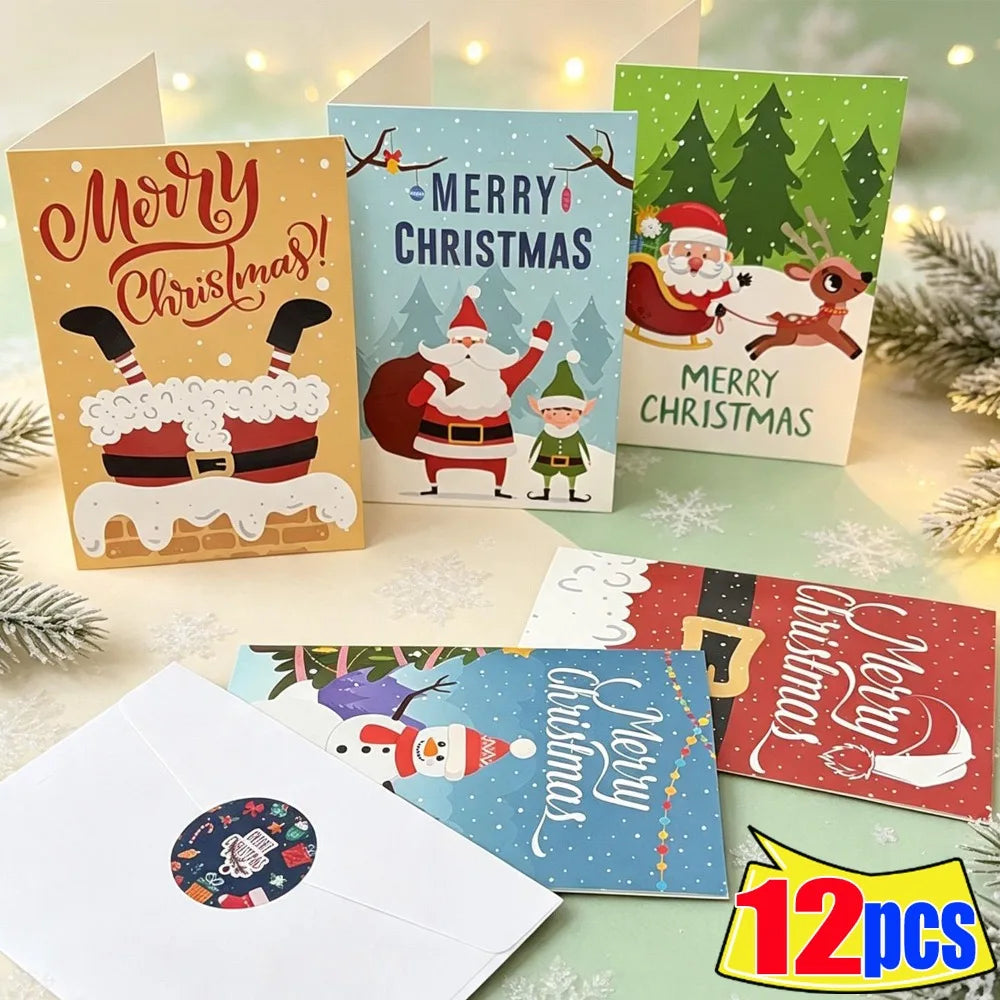 12pcs/set Merry Christmas Fold Greeting Cards with Envelopes Xmas Party DIY Gift Card New Year Decorations Gift Message Cards Quake
