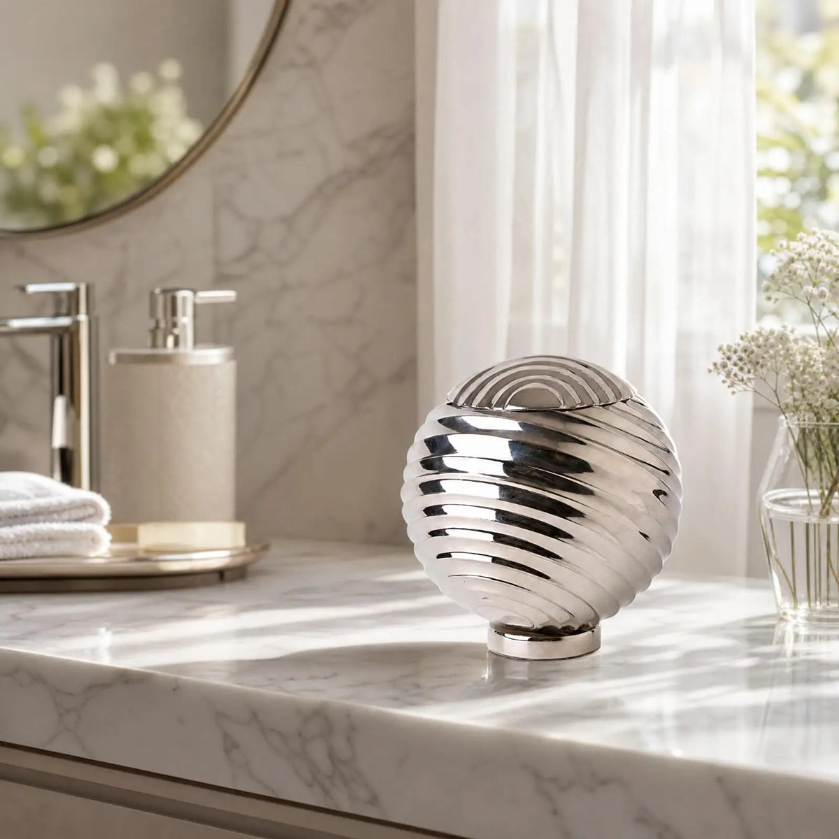 Aluminum Spherical Storage Jar with Raised Swirl Design Airtight Lid for Cosmetic Organizing Quake