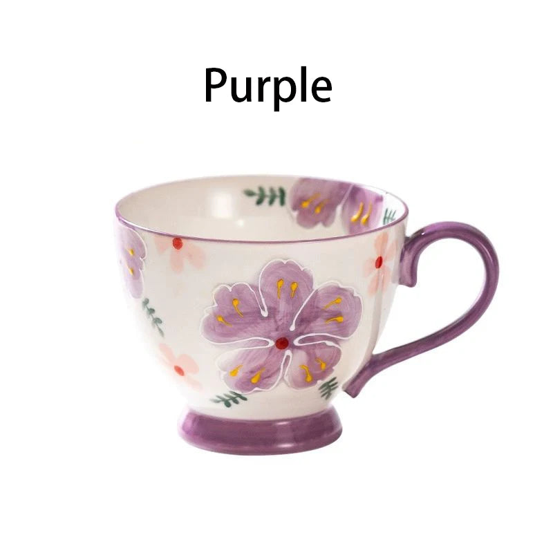 1pcs Flower Ceramic Mug Heat-resistant Breakfast Milk Oat Cup Hand Drawn Large Capacity Juice Handle Cup Microwave Safe 450ml Quake purple 450ml