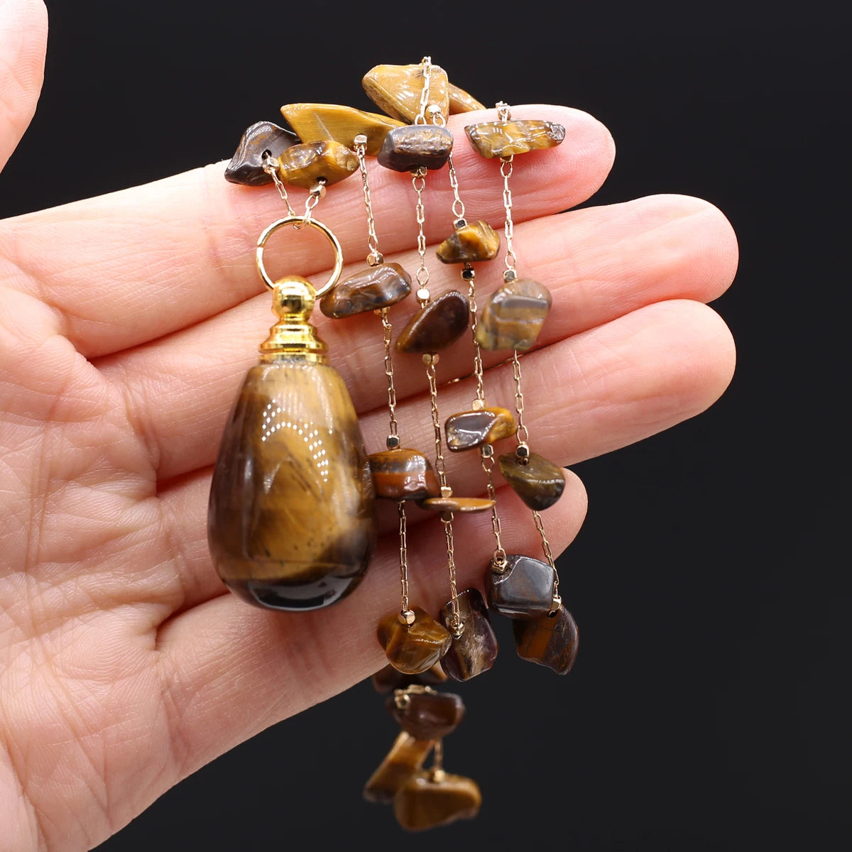 Perfume Bottle Necklace Natural Stone Tiger Eye Perfume Bottle Pendant For Women Christmas Halloween Gift Chain 80cm Quake 19x35mm
