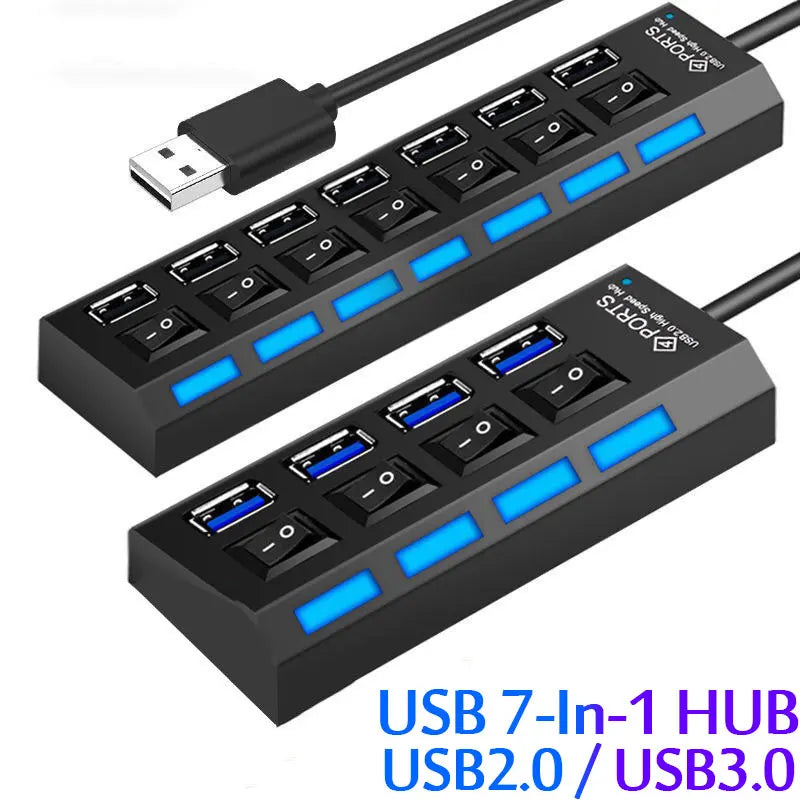 USB 2.0 Hub Multi USB Splitter Hub Use Power Adapter 4/7 Port Multiple Expander USB Hub with Switch 30CM Cable Quake