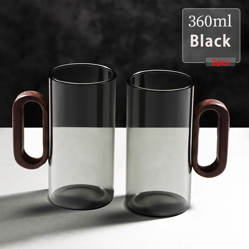 120/200/300/360ml Glass Cups With Walnut Handle Coffee Mug Set Heat-resistant Teacup Household Office Drinking Glasse 2pcs Quake 360ml 2pcs grey 120-360ml