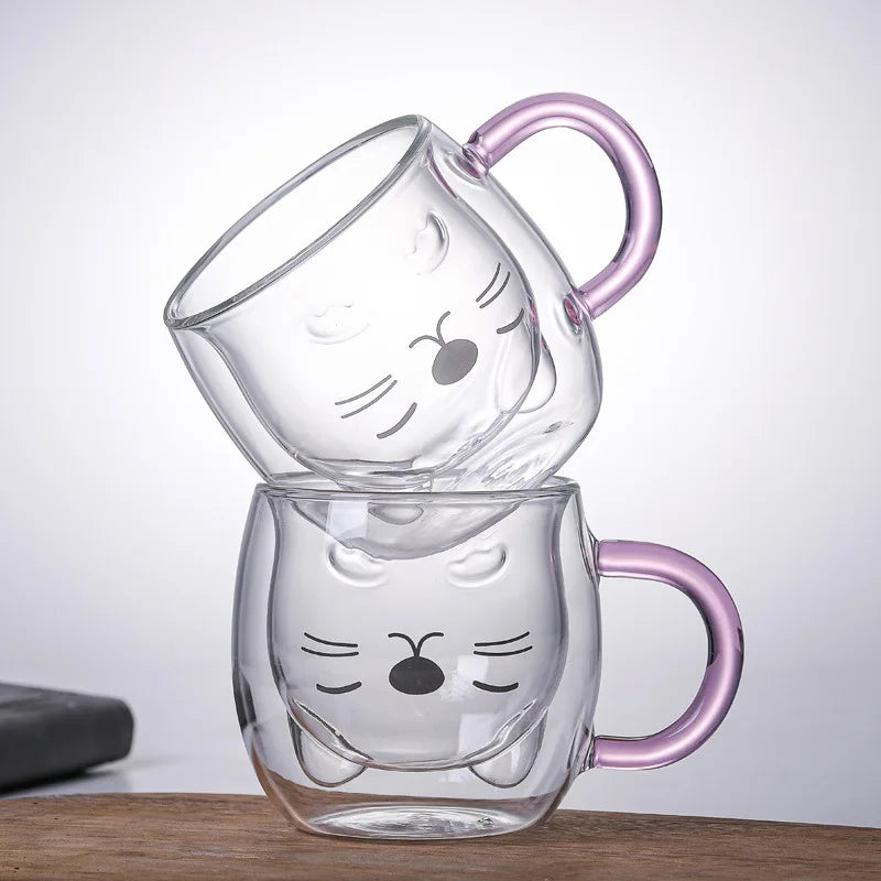 1/2pcs Cute Cat Mugs With Handle Glass Double Wall Insulated Glass Espresso Cup Coffee Milk Mug Gift Quake