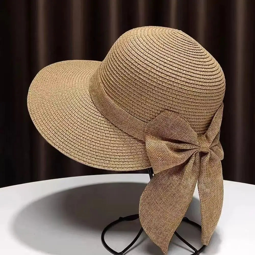 Summer UV Protection Sun Hat Wide Brim Bowknot Beach Cap Travel Fashion Panama Cap for Women Quake Khaki