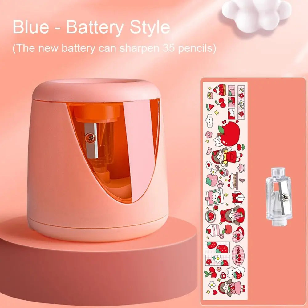 with Decorative Sticker Cartoon Creative Stationery Mechanical Tool Electric Pencil Sharpener Switch Automatic Quake Pink-Battery
