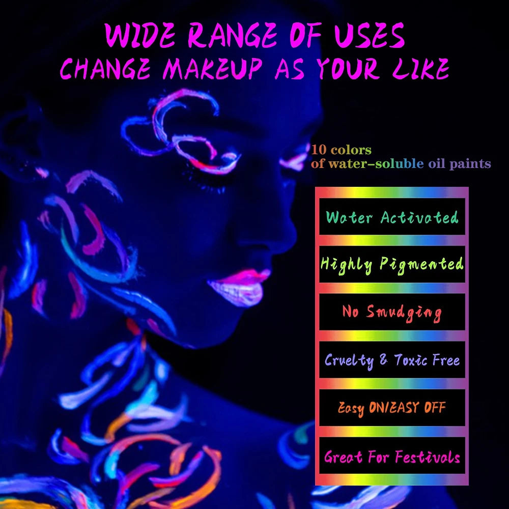 10 Colors Glow Fluorescent Neon Face Body Art Paint UV Glow Body Painting Halloween Party Fancy Dress Beauty Makeup Cosmetics Quake