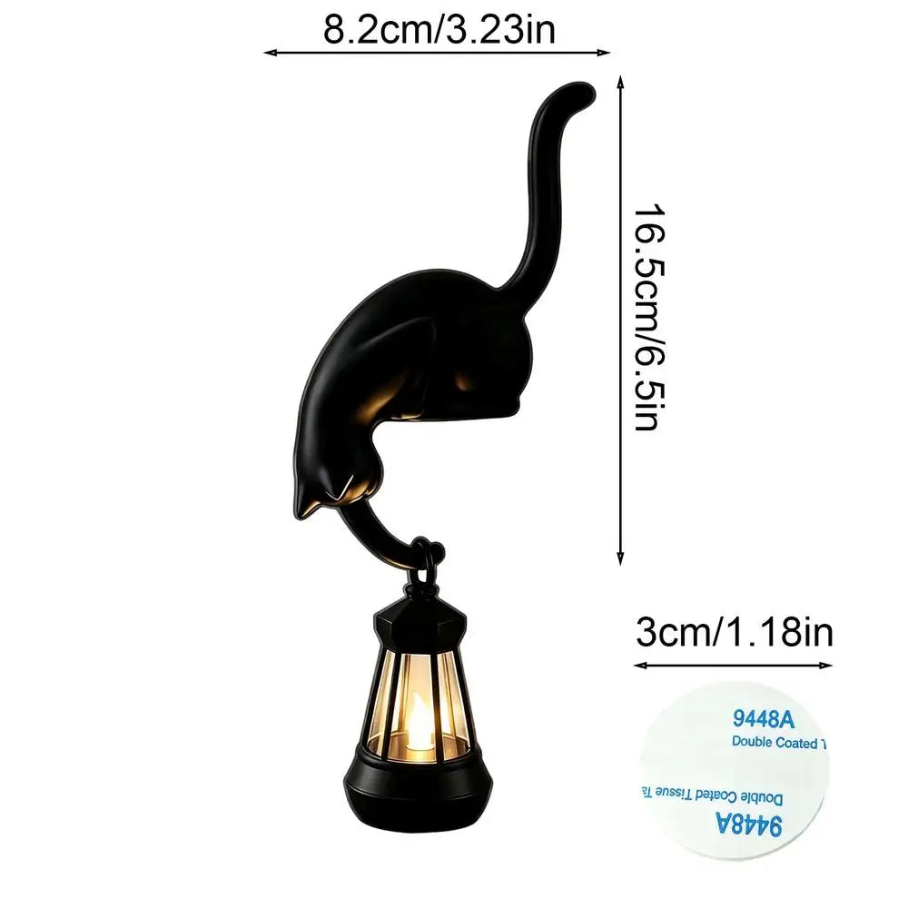 Library Lantern Cat 3D Printed Edge Sitting LED Battery Lights Shelf Reading Decor for Home Office School Study Room Readers Quake No Plug Black