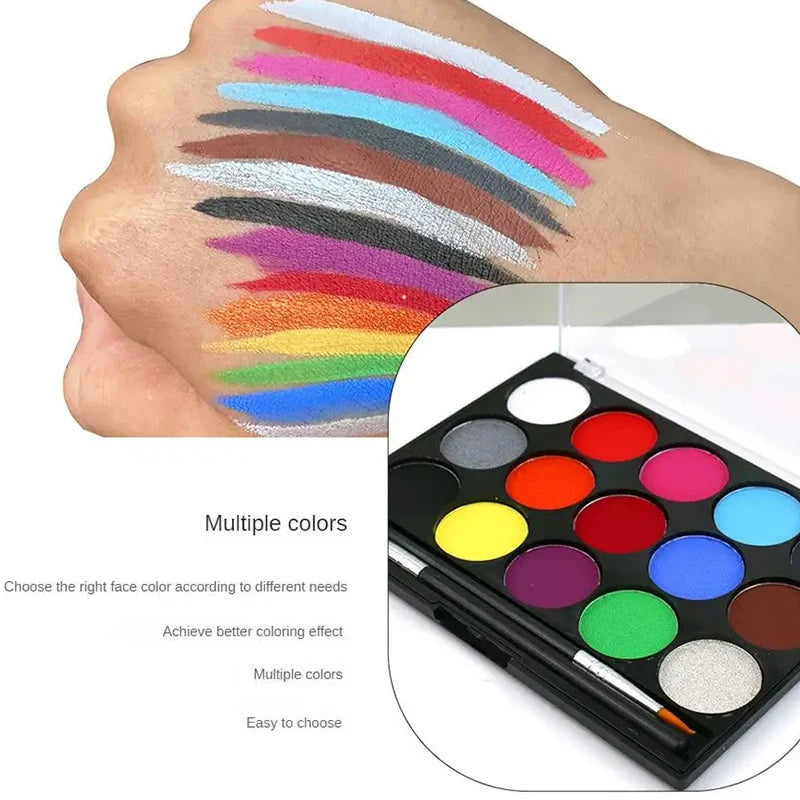 15Color BodyPainting Kit Vibrant Face Color Makeup Cream for Stage Costume Performances Includes Stencil and Brush Quake