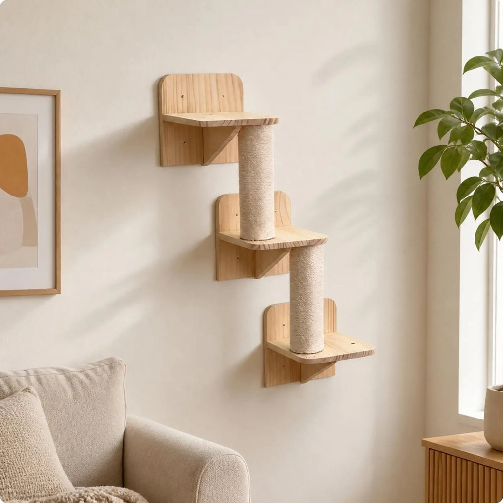 Cat Climbing Wall Set with Pine Wood Panels and Sisal Posts for Large Cats Exercise Playground and Relaxation Quake