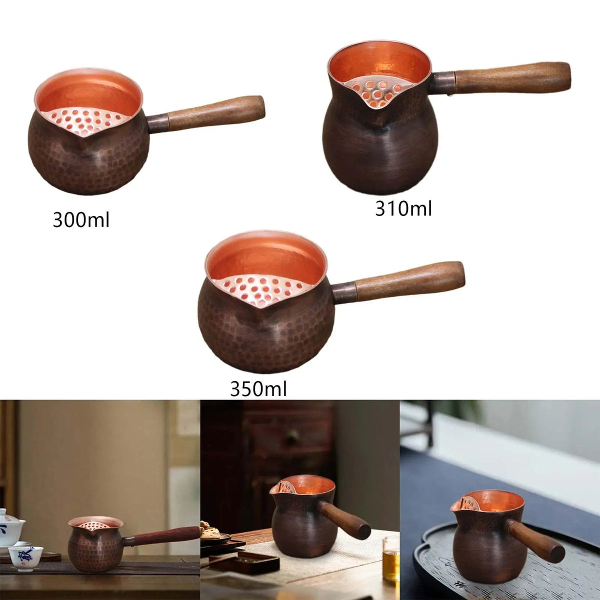 Copper Tea Kettle Hammered Tea Kettle with Side Handle 300-350ml Small Tea Boiler Teapot for Home Tea House Picnic Outdoor Quake 300ml