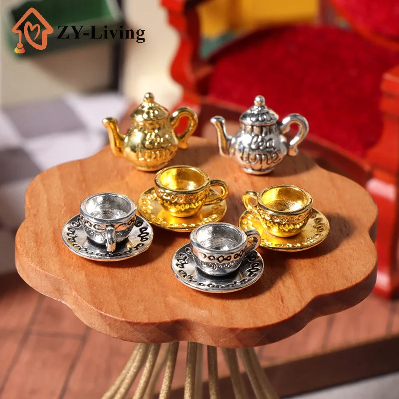 1Set 1:12 Dollhouse Miniature Metal Teapot Cup With Saucer Mini Tea Set Kitchen Tableware Decor Toy Model Doll House Accessories Quake