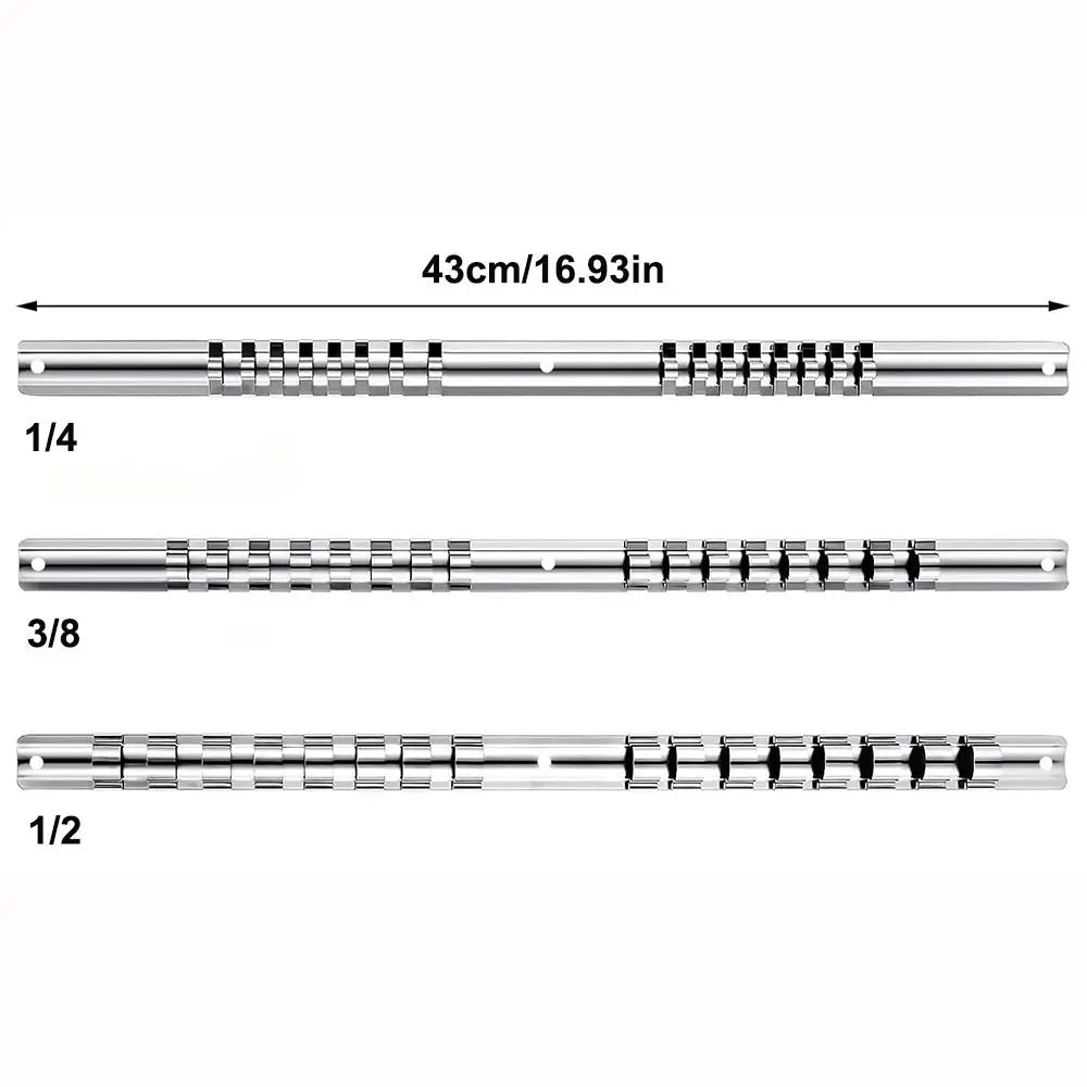 New 1/4 3/8 1/2 Inch Socket Storage Rack Stainless Steel With 16 Clips Socket Rack Socket Holder Quake