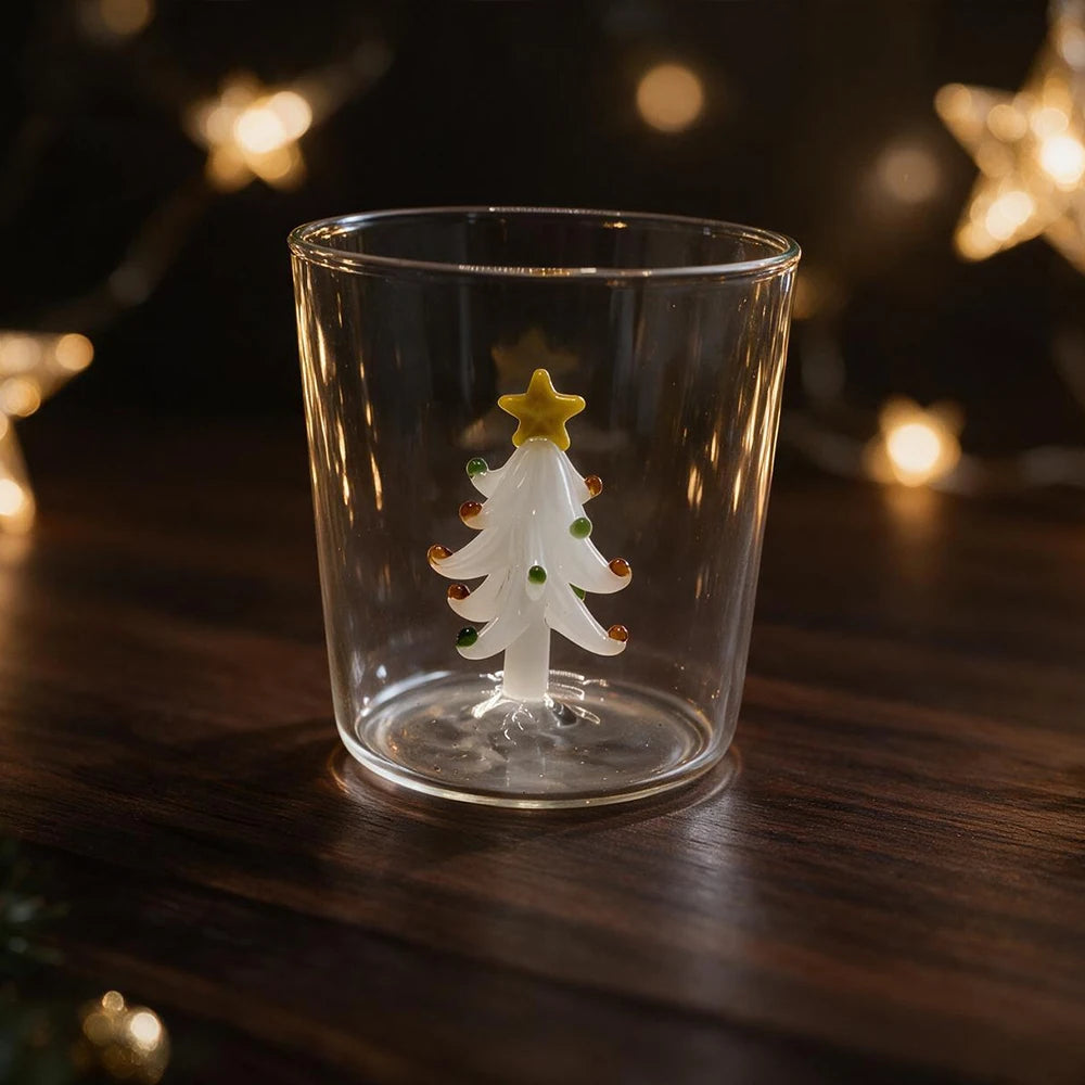 YWDL Christmas Glass Cup 300ml 3D Handmade Glass Figurine Inside Borosilicate Tumbler Xmas Tree Santa Drinking Gift Home Decor Quake tree white 300ml