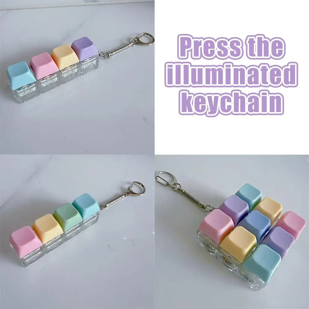 4 Keys Mechanical Keyboard Fidget Keychain with LED Light Stress Relief Clicky Toy for Gamer Office Worker Quiet Keypad Quake