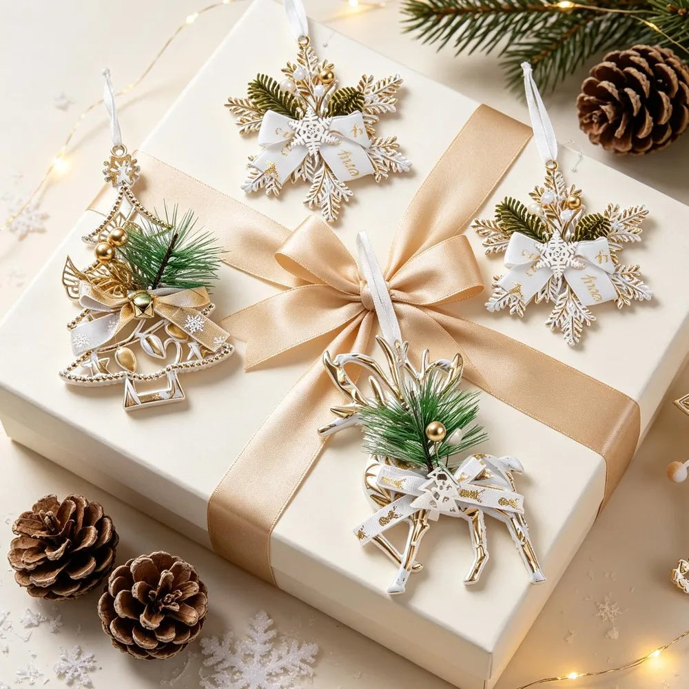 Platinum Retro Style Christmas Pendant Xmas Tree Hanging Ornaments Glitter Elk Snowflake Pendants DIY New Year Party Home Decor Quake