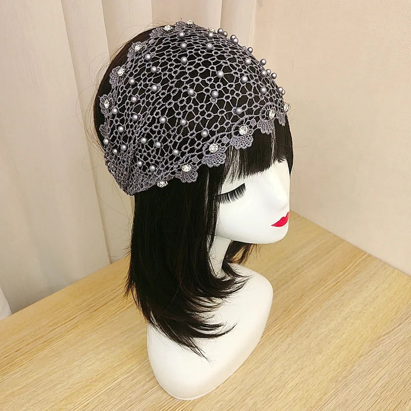 Elegant Floral Lace Bead Headband Polyester Hollow Headband with Elastic Bands Dress Up Hair Accessory Set Pattern Solid Color Quake gray