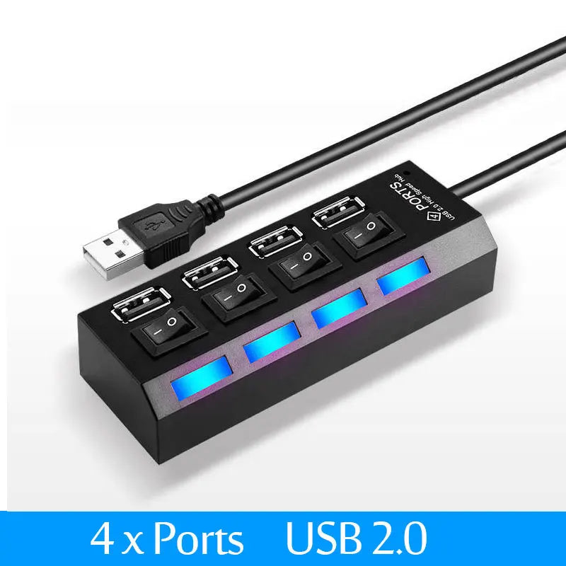 USB 2.0 Hub Multi USB Splitter Hub Use Power Adapter 4/7 Port Multiple Expander USB Hub with Switch 30CM Cable Quake 4 Port Black