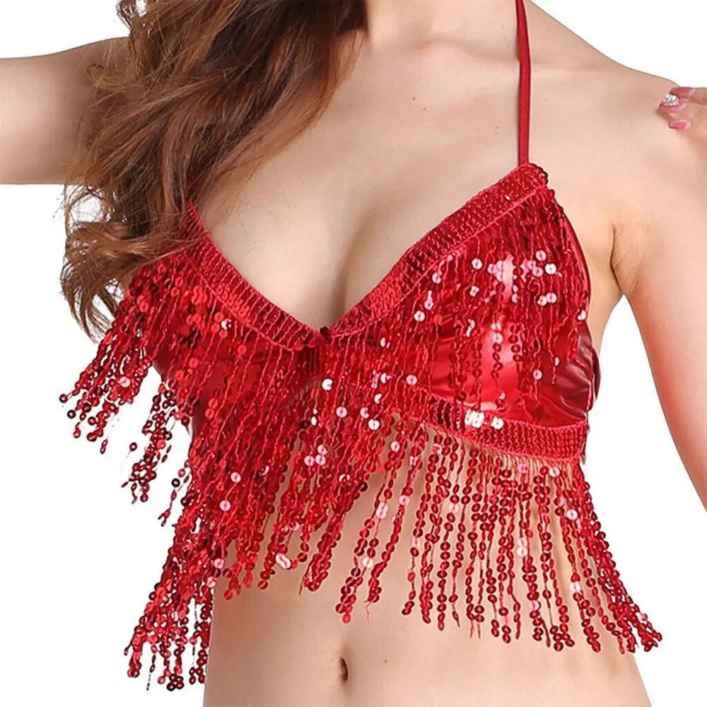 Women Tassel Nightclub Dance Wear Performance Top Belly Dance Bra Show Costumes Halter Bra Quake Red