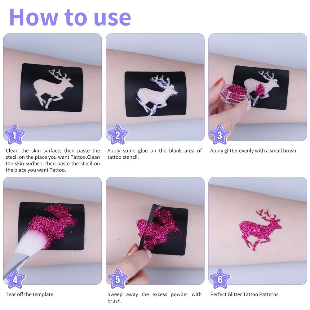 Temporary Glitter Tattoo with Stencils 30 Glitter Colors Adults Kids Body Arts Glitter Make Up Kit Gifts for Girls Boys Birthday Quake