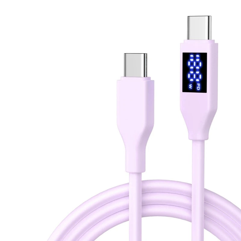 Double Type C Fast Charging Cable With LED Display 60W Power Delivery USB 2.0 Data Transfer Silicone Cord For Phones K1KF Quake lavender CN