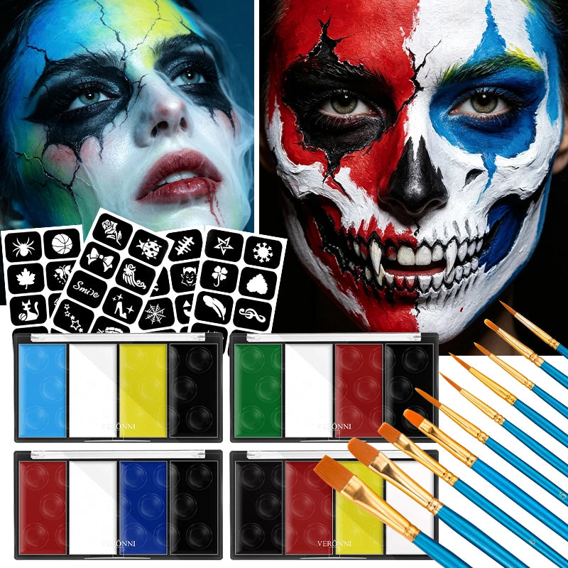 4 Color Lasting Face Body Painting Kit for Kids Adult,Face Paint template with Brush,Halloween Carnival Artist Cosplay Art Party Quake
