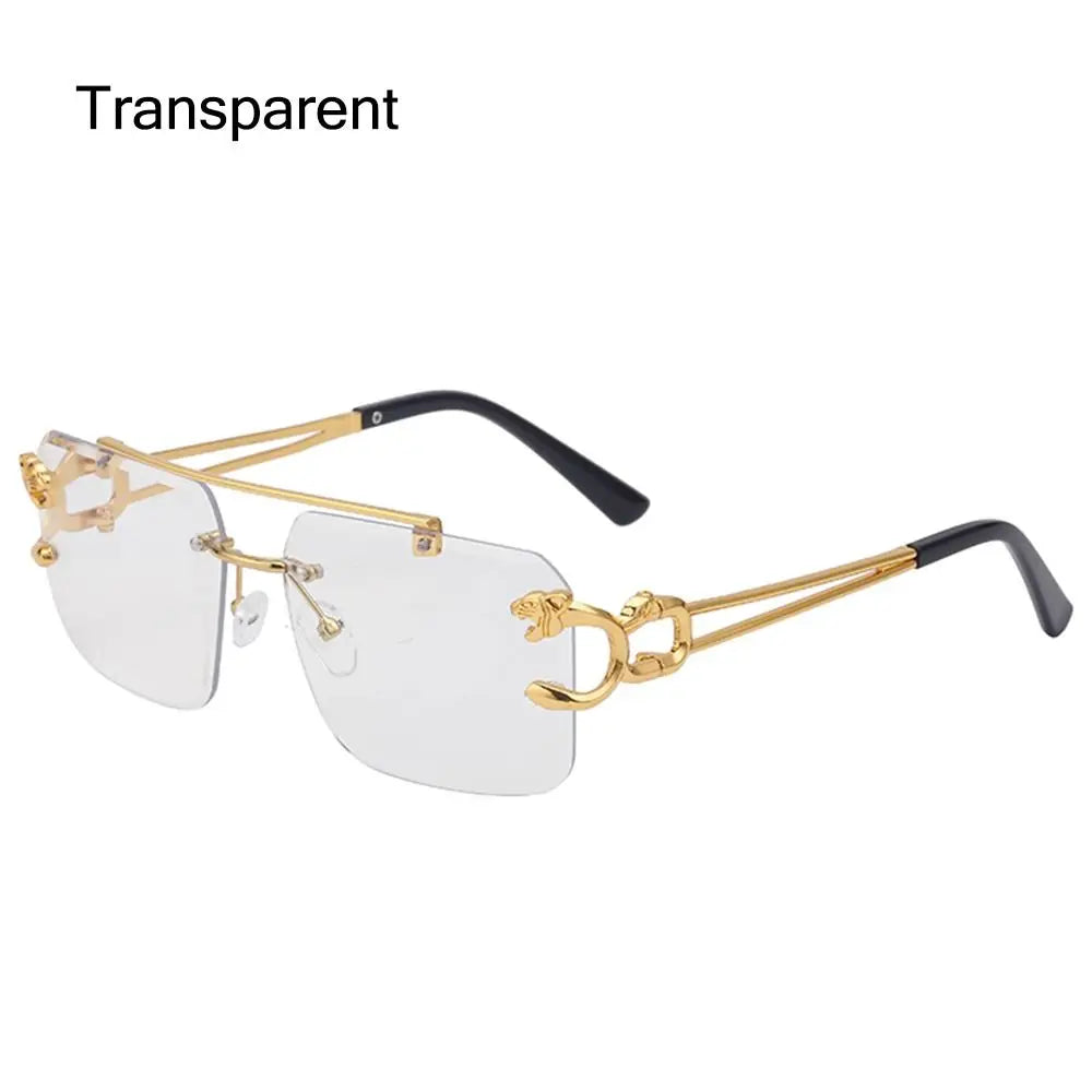 Fashion Retro Cheetah Decoration Sunglasses for Women Men Metal Steampunk Sun Glasses Summer UV400 Shades Trendy Rimless Eyewear Quake Transparent