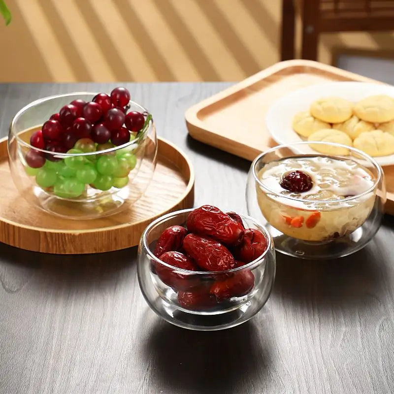 YWDL 300/500ml Clear Double Layer Glass Bowl Heat-resistant Fruit Salad Bowl Kitchen Glassware For Soup Cereal Dessert Bowls Quake