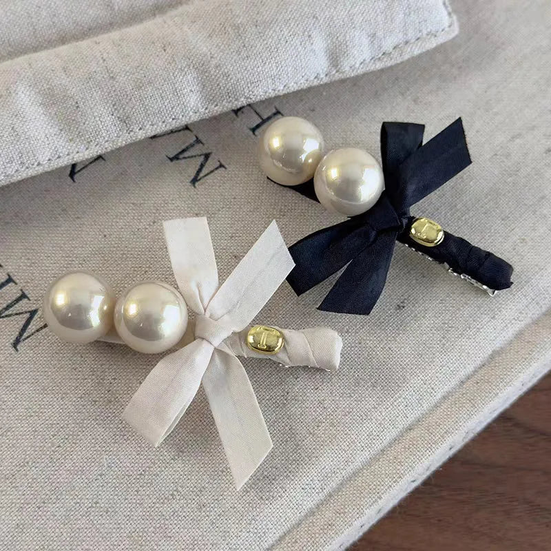 Japanese Exquisite Pearl Bow Bangs Side Clip Women Girl Sweet Duckbill Clip Versatile Temperament Hairpin Hair Style Accessories Quake