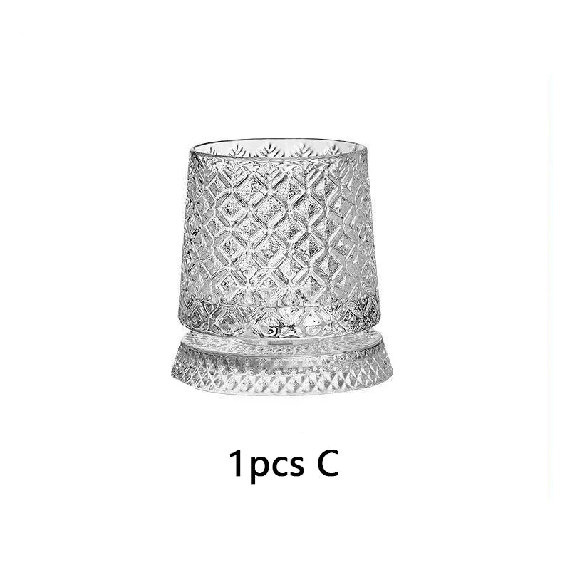 YWDL 360° Rotatable Whiskey Tumbler with Glass Base Embossed Crystal Whisky Glass Spinning Cup for Rum Cocktail Bar Party Gift Quake 1pcs C