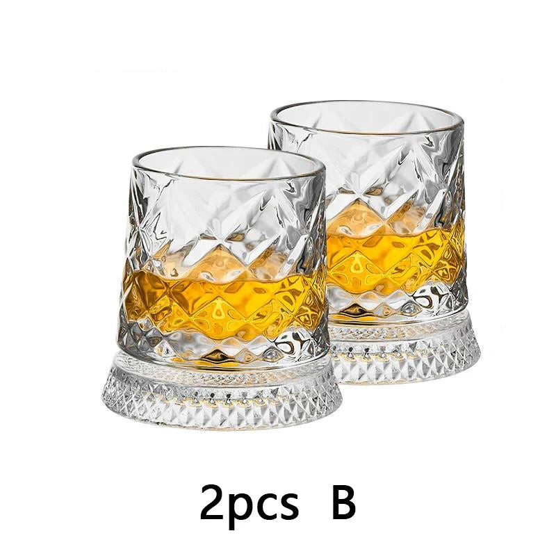 YWDL 360° Rotatable Whiskey Tumbler with Glass Base Embossed Crystal Whisky Glass Spinning Cup for Rum Cocktail Bar Party Gift Quake 2pcs B