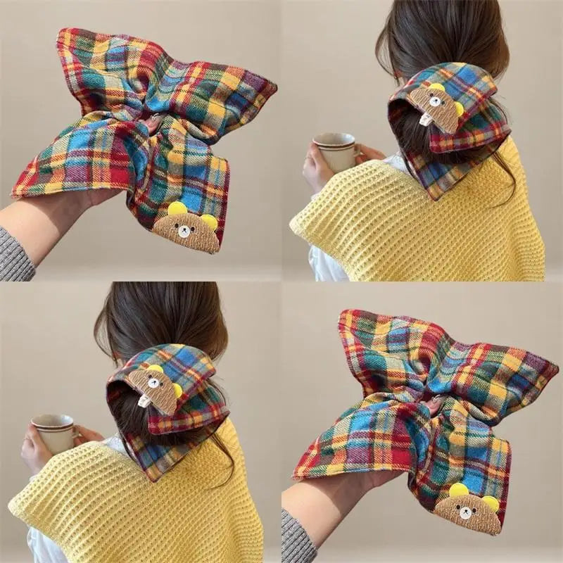 Cartoon Bear Hair Scrunchies Rainbow Plaid Funny Sweet Kawaii Hairbands Headwear Fashion Versatile Hair Styling Accessories New Quake