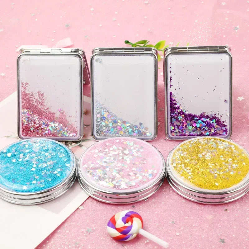 Portable Double-Sided Folding Makeup Mirror Women Gifts with Flowing Sparkling Sand Mini Cosmetic Mirror Compact Pocket Mirrors Quake