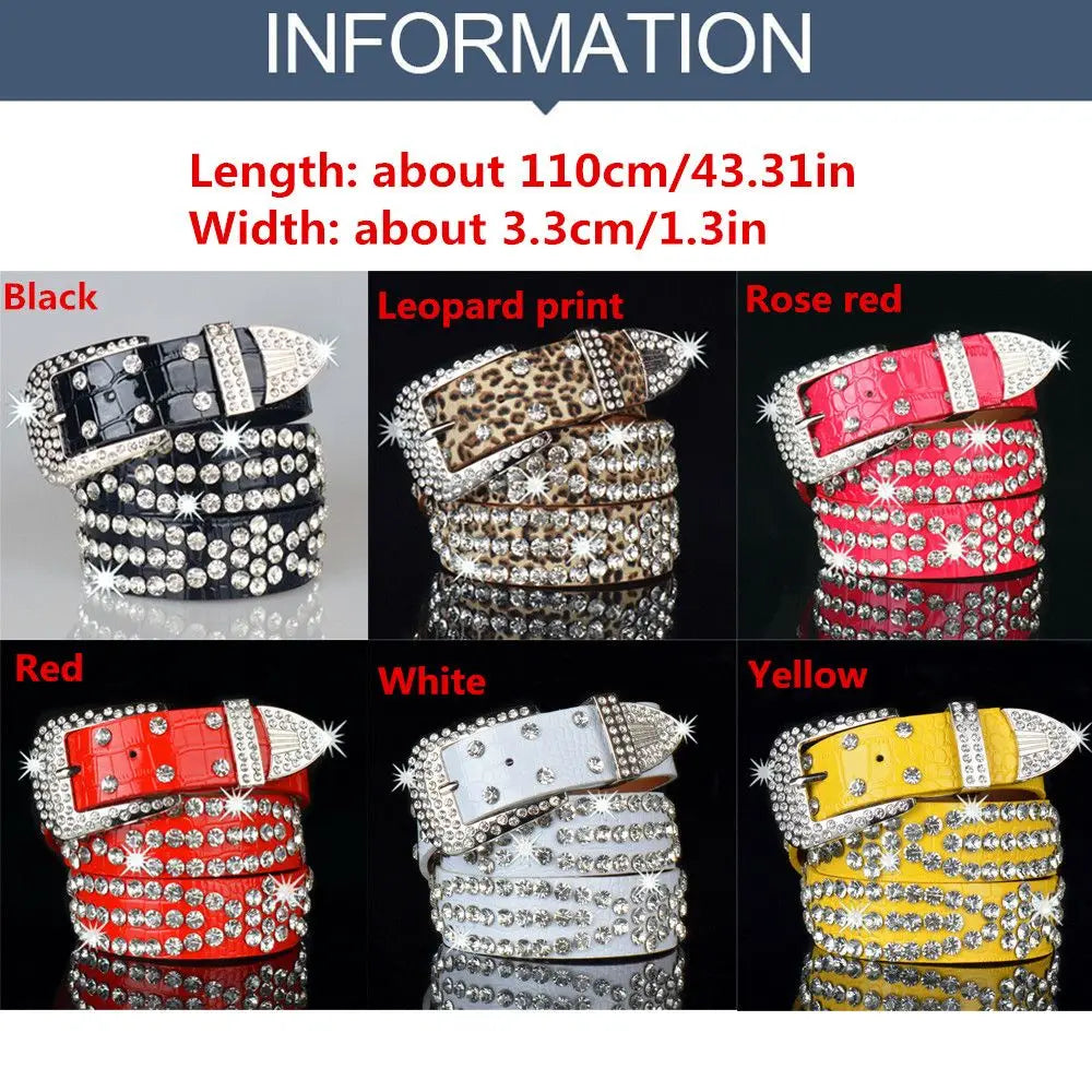 Women Adjustable Studded Rhinestone Belt PU Leather Bling Crystal Waistband Quake